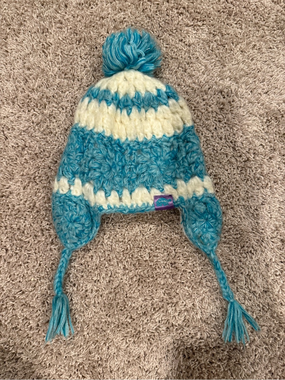 Kids Earflap Pom Hat in Aqua Blue & Cream